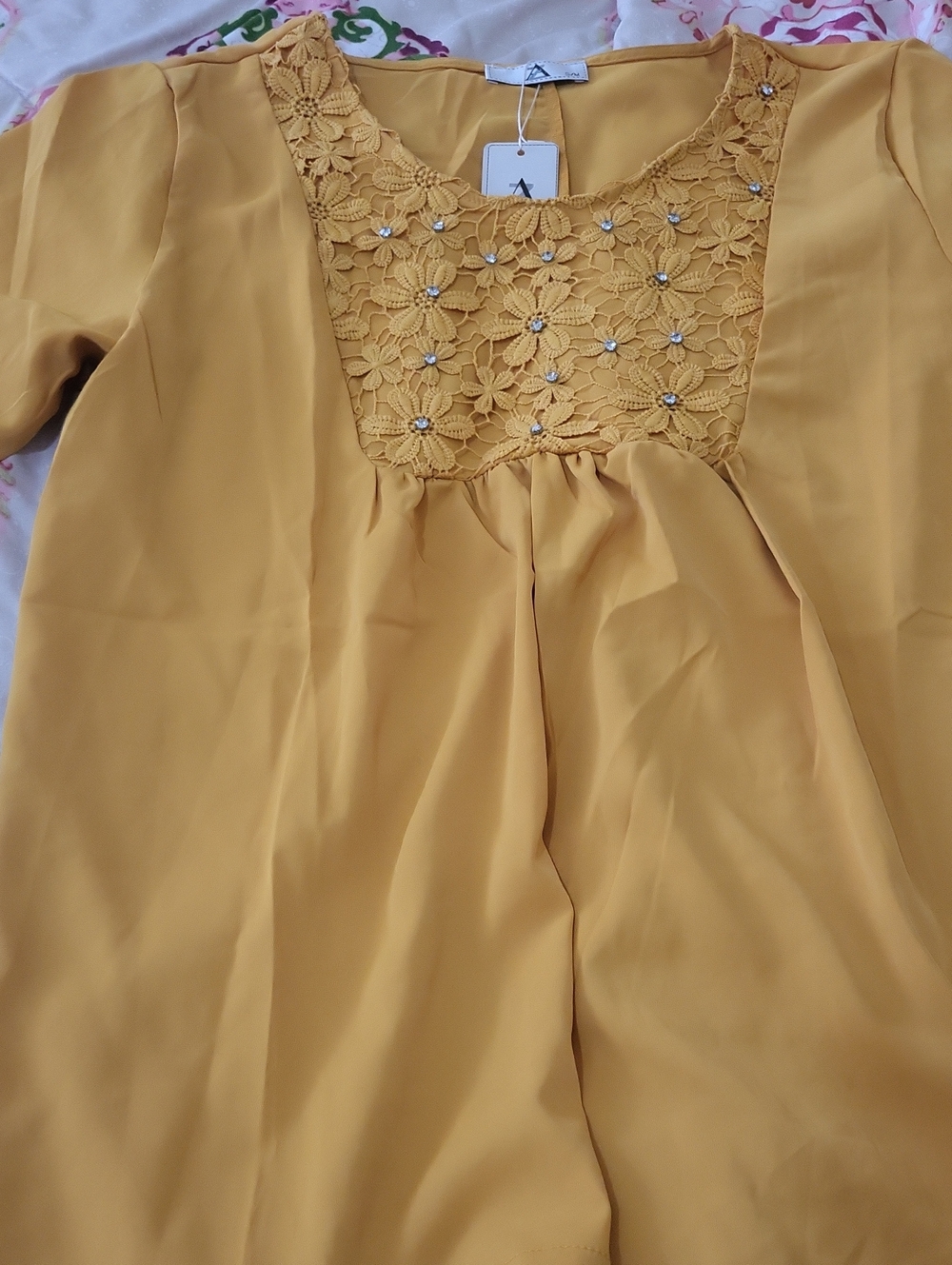 Mustard Yellow Floral Lace Yoke Blouse